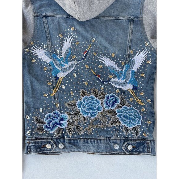 Denim Hooded Jacket With Embellished Cranes & Roses Design Gray Sleeves Button F - Picture 3 of 6
